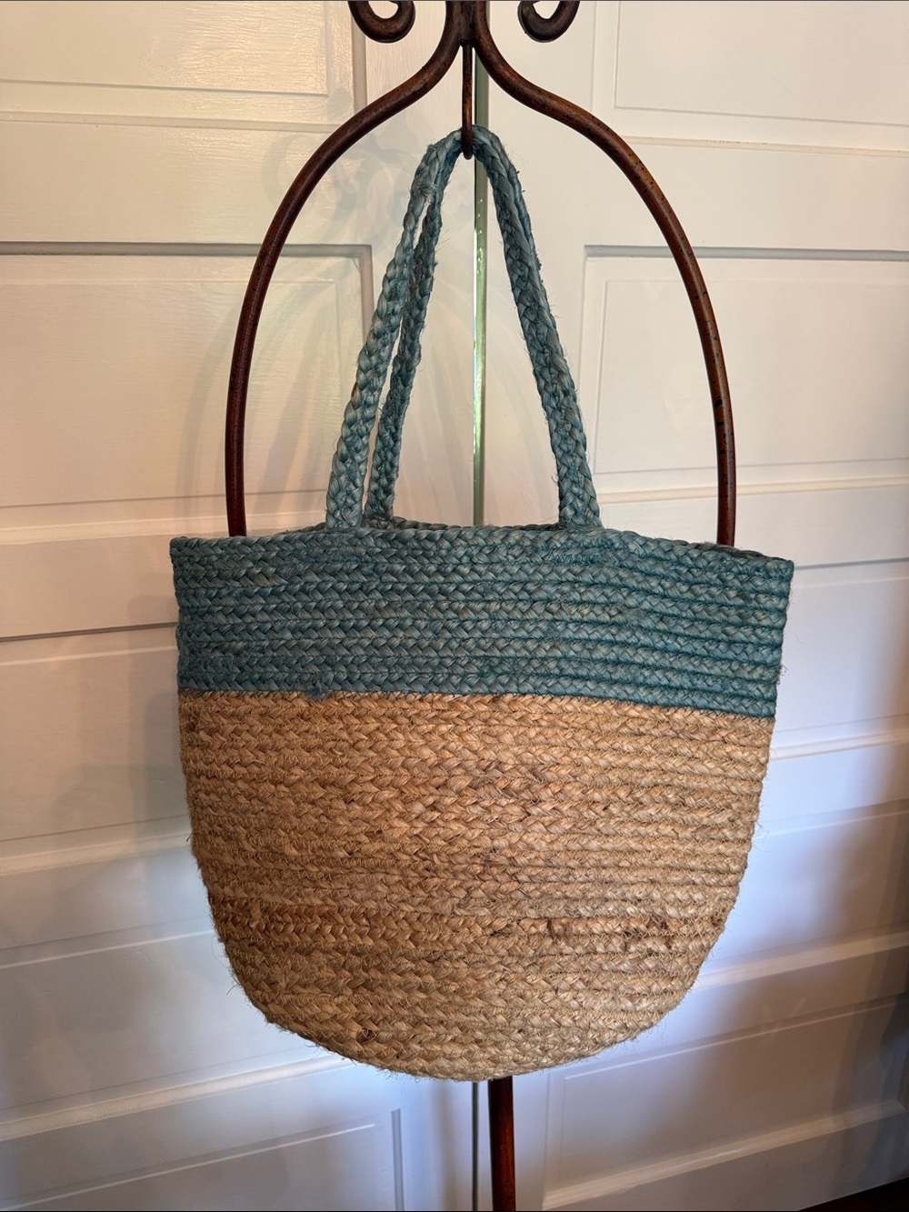 Habitat 100% Jute hand Woven Tote Bag Coastal Teal Natural Oversized